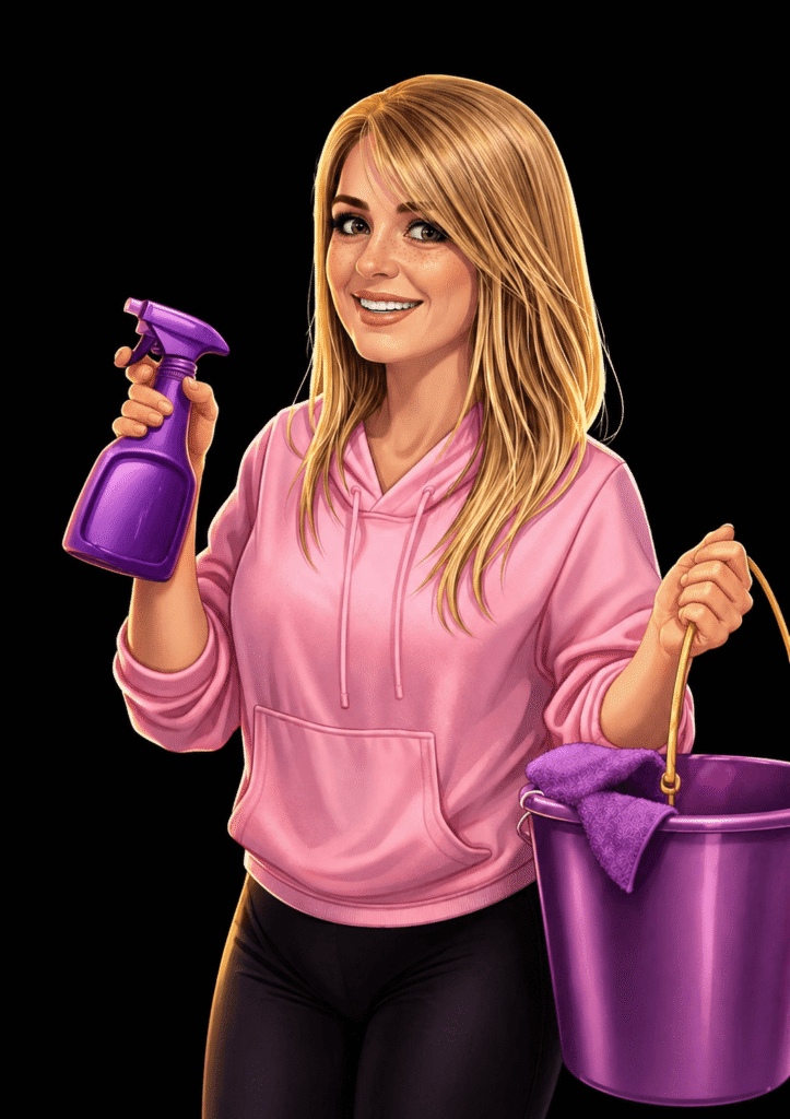 illustration of stacey with a spray and bucket