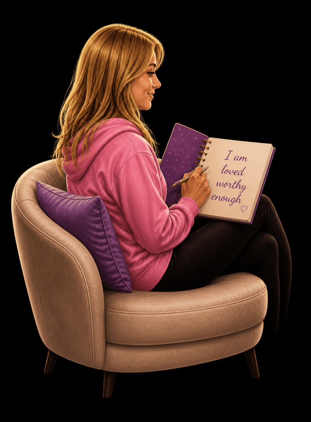 illustration of stacey sat on a chair journaling